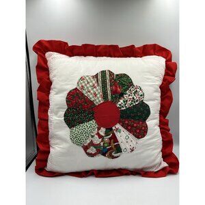 VTG Christmas Wreath Pillow 1980's Embroidery  Holiday TOSS PILLOW SEE ALL